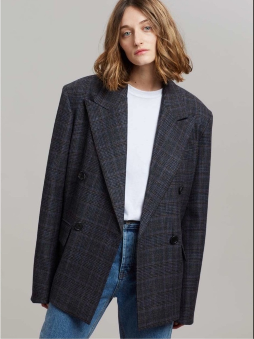 The Frankie Shop C’Noir Danae Check Oversized Double Breasted Blazer One Size - Picture 3 of 9